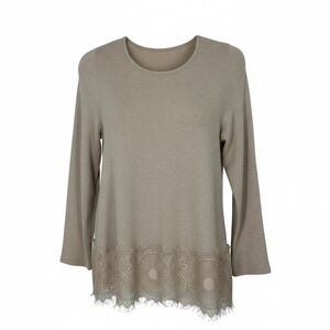 ALYA LACE Trim‎ Soft Top Long Sleeve Crew Neck Beige Women Size S